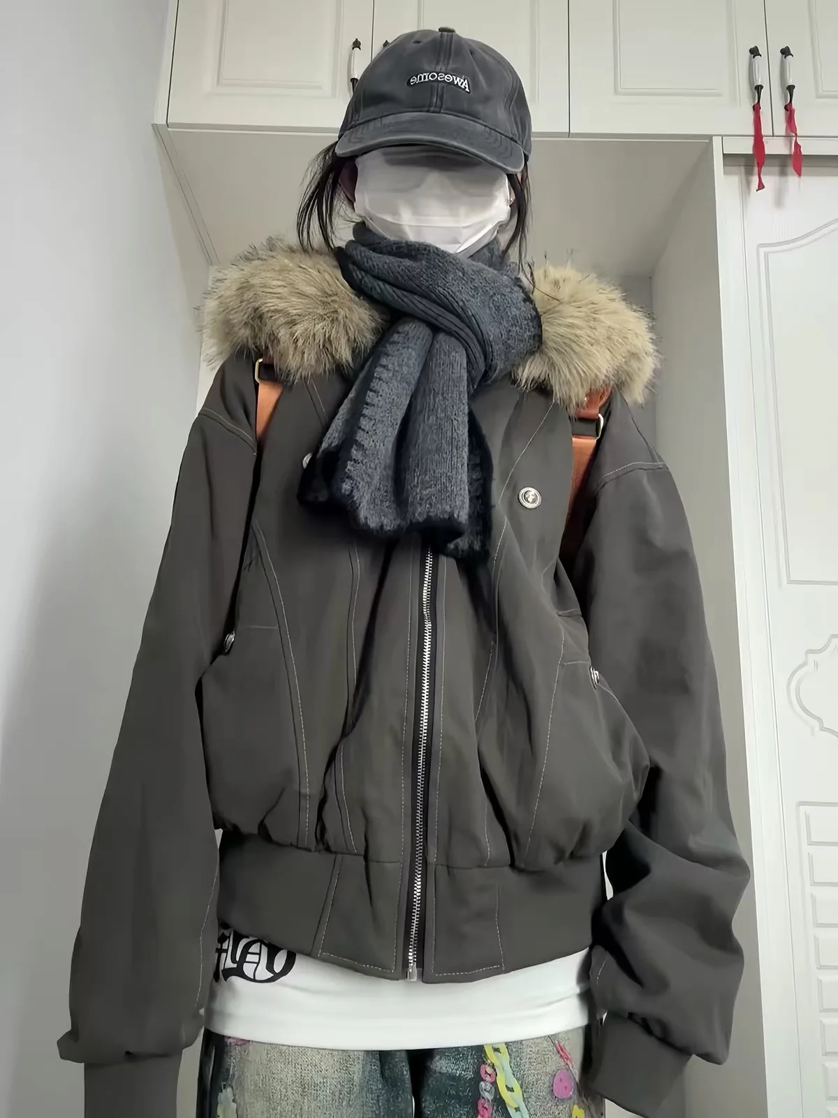 Women's Thickened Winter Cotton Jacket Coat with Hood And Fur Collar Workwear Style Long Sleeve Zipper Standard Fit Chinese B...