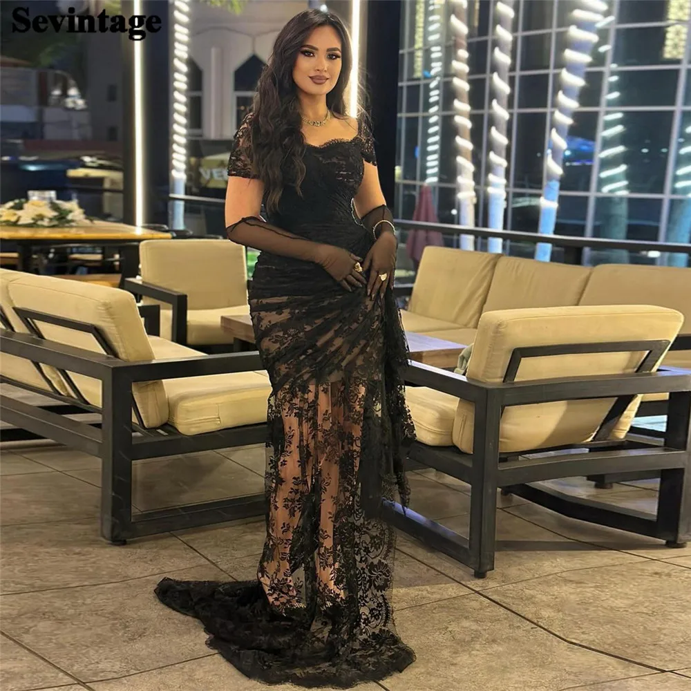 Sevintage Black Lace Mermaid Prom Dress Square Collar Pleated Side Slit Formal Evening Dress Floor Length Party Gown Customized