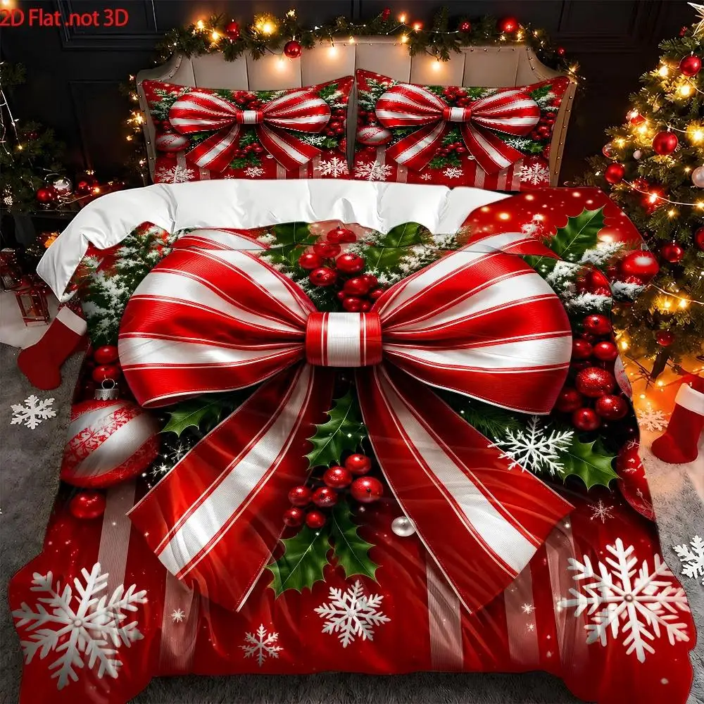 2D Christmas Duvet Cover Set Three-Piece Set Red Bow Christmas Theme Ultra Soft Brushed Bedding 3 Piece Set for Bedroom Hotel