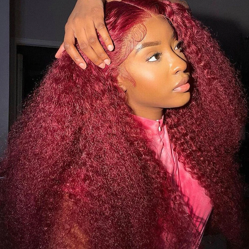 

Burgundy Curly 13x4 Transparent Lace Frontal Wig Human Hair For Women Brazilian 4x4 Kinky Curly 99J Red Colored Wig Pre Plucked