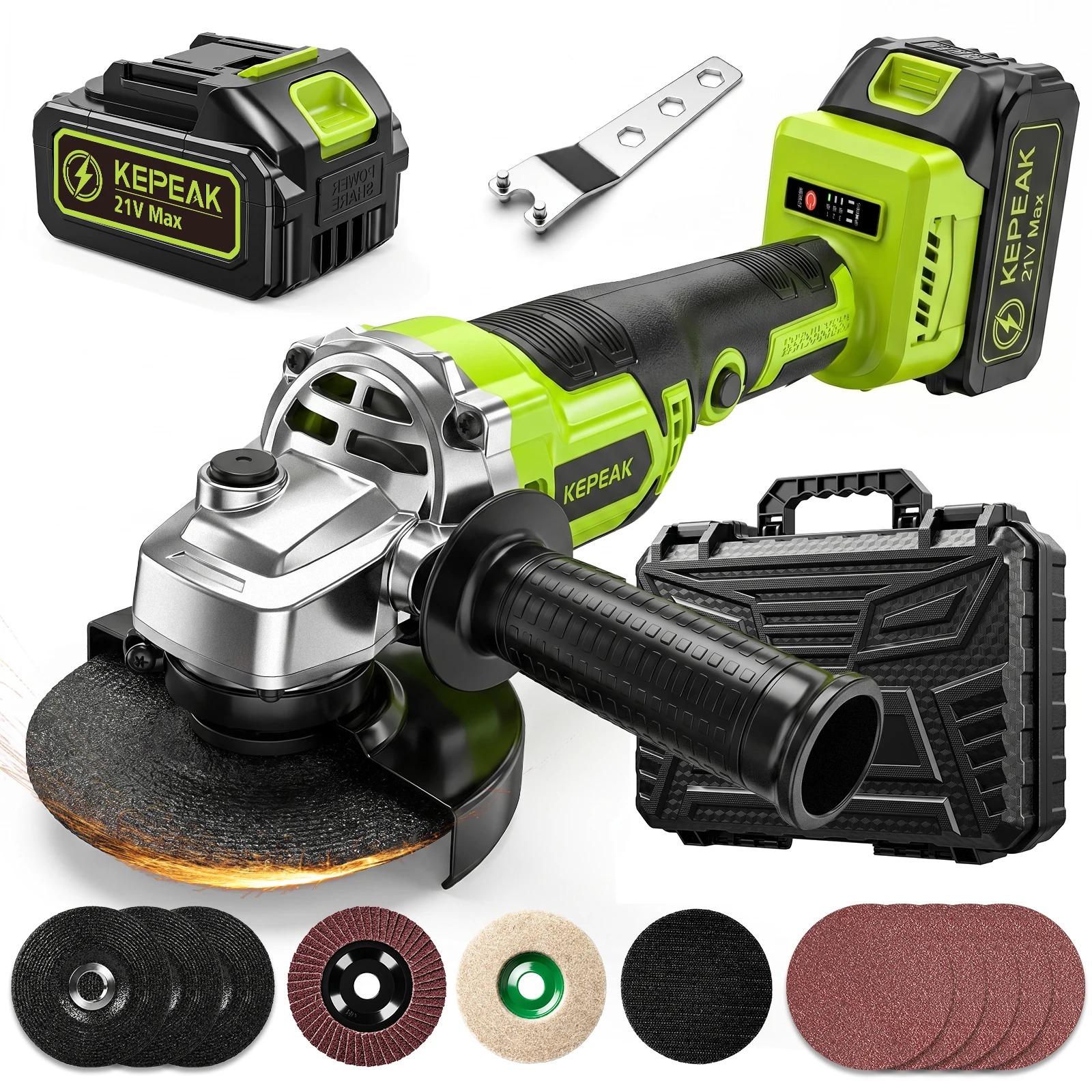 21V Cordless Brushless Angle Grinder 3 Speed 10000RPM Portable Cutting Grinding Polishing Machine With 21V Lithium Battery Fast Charger Hard Storage Box Complete Grinding Discs Set For Metal Wood Stone