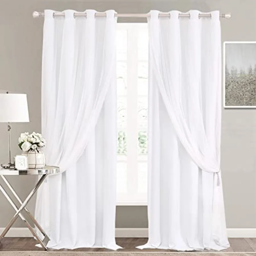 

Winter Curtains Set - Double Layers Voile Sheer Light Block Draperies with Tie-Backs for Bedroom Windows, 52 x 63 Inch, Winter,