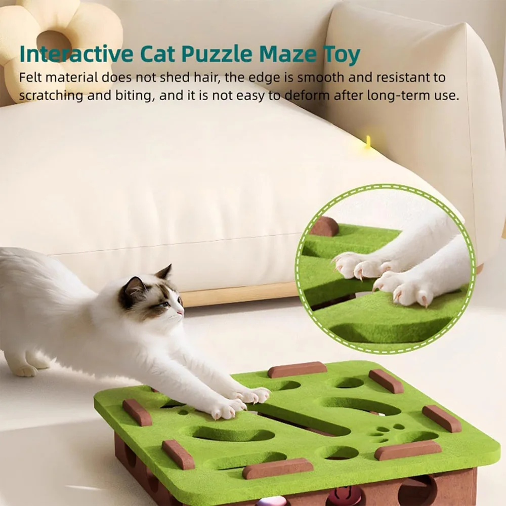 Interaktives Katzen-Puzzle-Spielzeug mit 3 Glocken, Filz-Labyrinthbox, ermöglicht Katzen das unabhängige Spielen, Kratzen und Jagen, Puzzle-Box