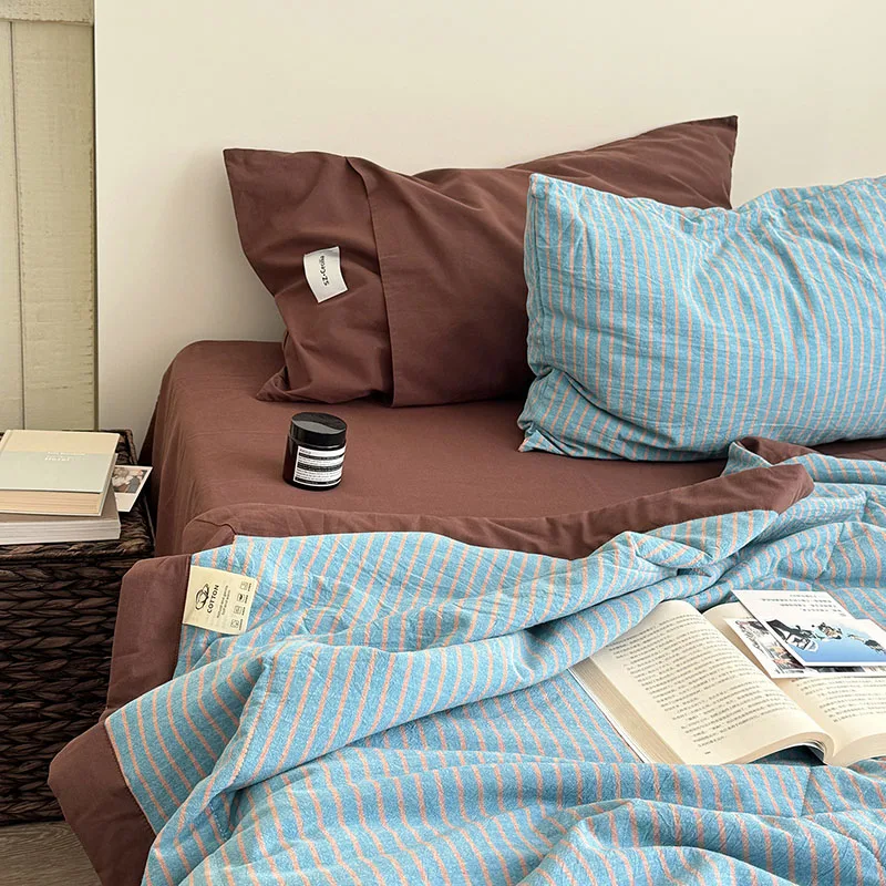 Class A Summer Striped Summer Quilts Soft Pure Cotton Breathable Air Conditioning Thin Quilt Nordic Yarn-Dyed Single Bed Blanket