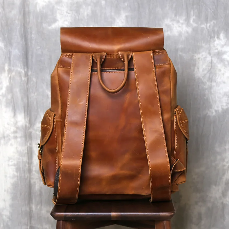 Retro Crazy Horse Leather Backpack for Mens Casual British Trendy Layer Cowhide Backpack Simple Drawstring Leather Computer Bag