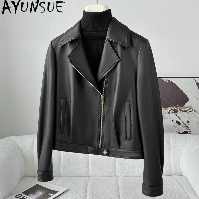 AYUNSUE Damska kurtka ze skóry naturalnej na jesień 2025, kurtki motocyklowe ze skóry owczej, damskie płaszcze, kołnierz garniturowy, Jaqueta Couro