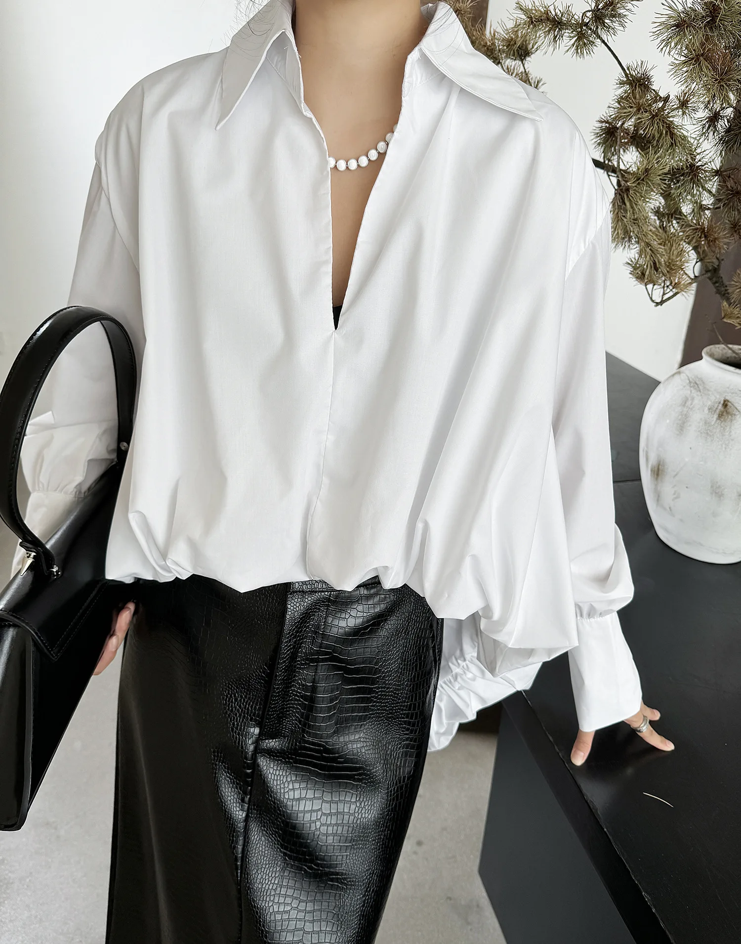 Women's New Solid Color V Neck Shirt Irregular Ruffle Loose Breathable Soft Fabric Elegant Office Commute Stylish Versatile Top 6