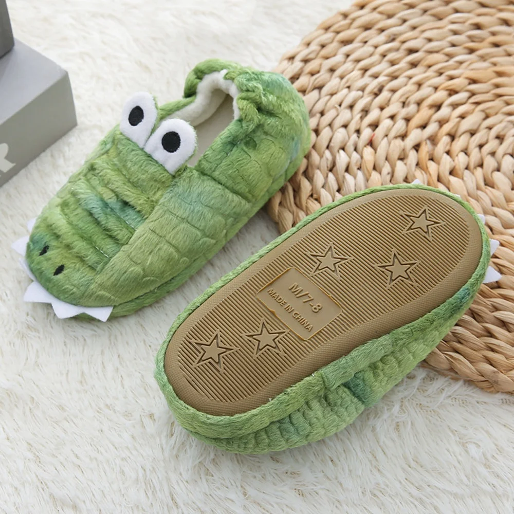 Toddler Boy Slippers Cartoon Crocodiles Plush Warm Shoe Kids Winter House Shoes Soft Rubber Sole Home Indoor Footwear Baby Items