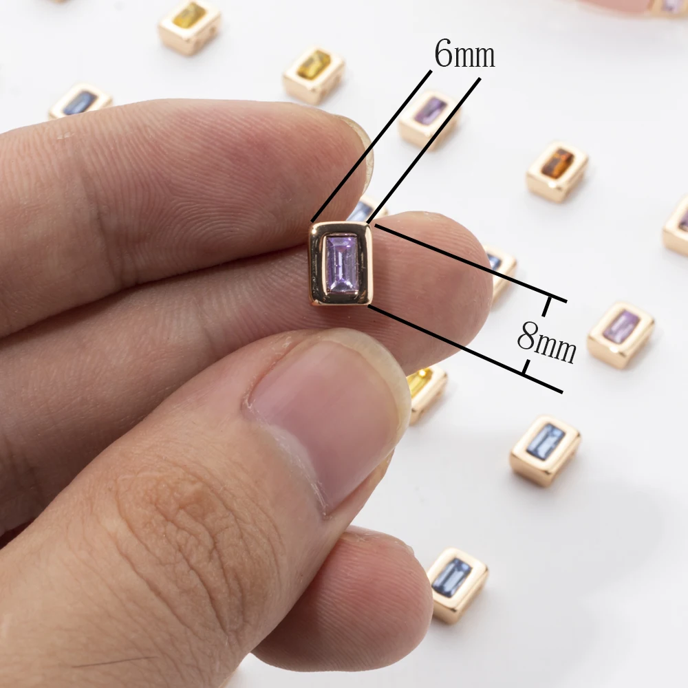 보석 제작용 골드 컬러 상감 다이아몬드 직사각형 비즈, 다채로운 지르콘 참 팔찌 액세서리, Simplier, 6x8mm, 20 개