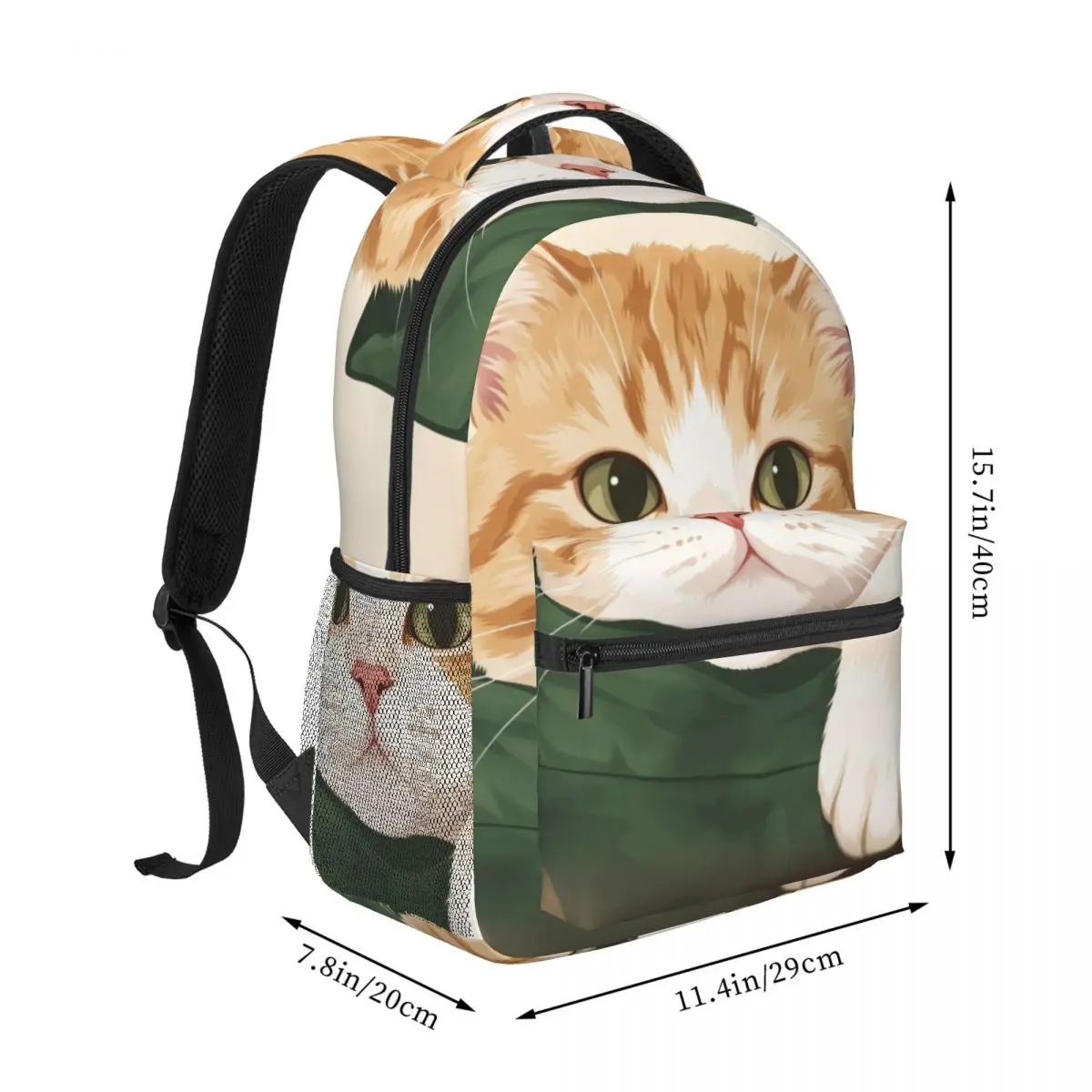 Cartoon Animal School Backpack Center Pocket Cat Whimsical Illustration Green Orange White Lightweight Daypack for Animal Lovers