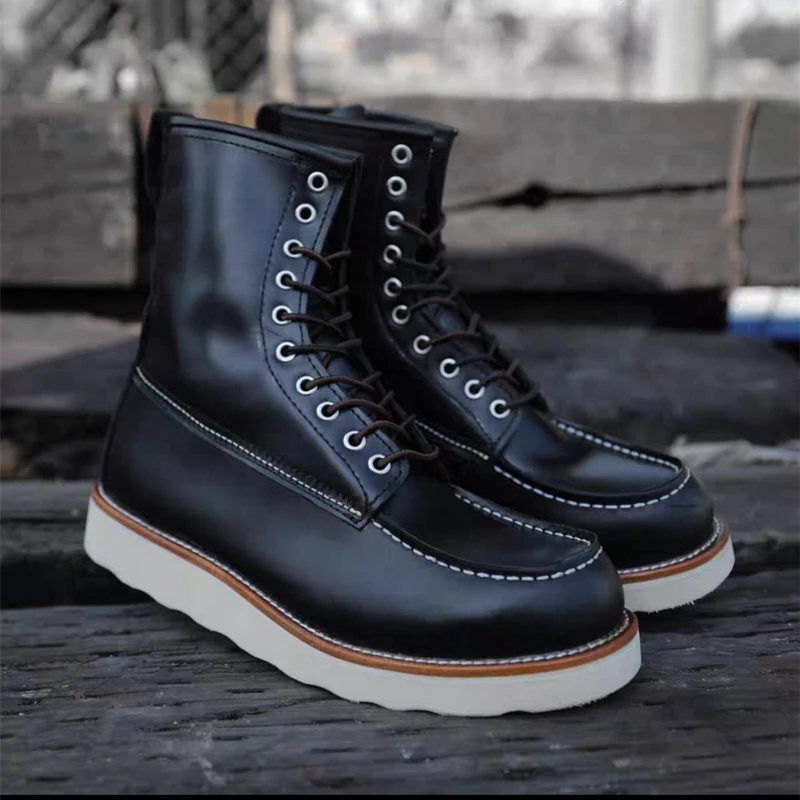 Autumn Winter High Boots Casual Men Vintage Genuine Leather Shoes Handmade Tooling Mid-calf Outdoor Motorcycle Boots