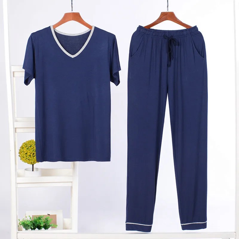 L-4XL Pyjamas Homme Casual V Neck Short Sleeve Shirt Pant Set Spring Summer Pajamas Men Plus Size Sleepwear Home Clothes Man
