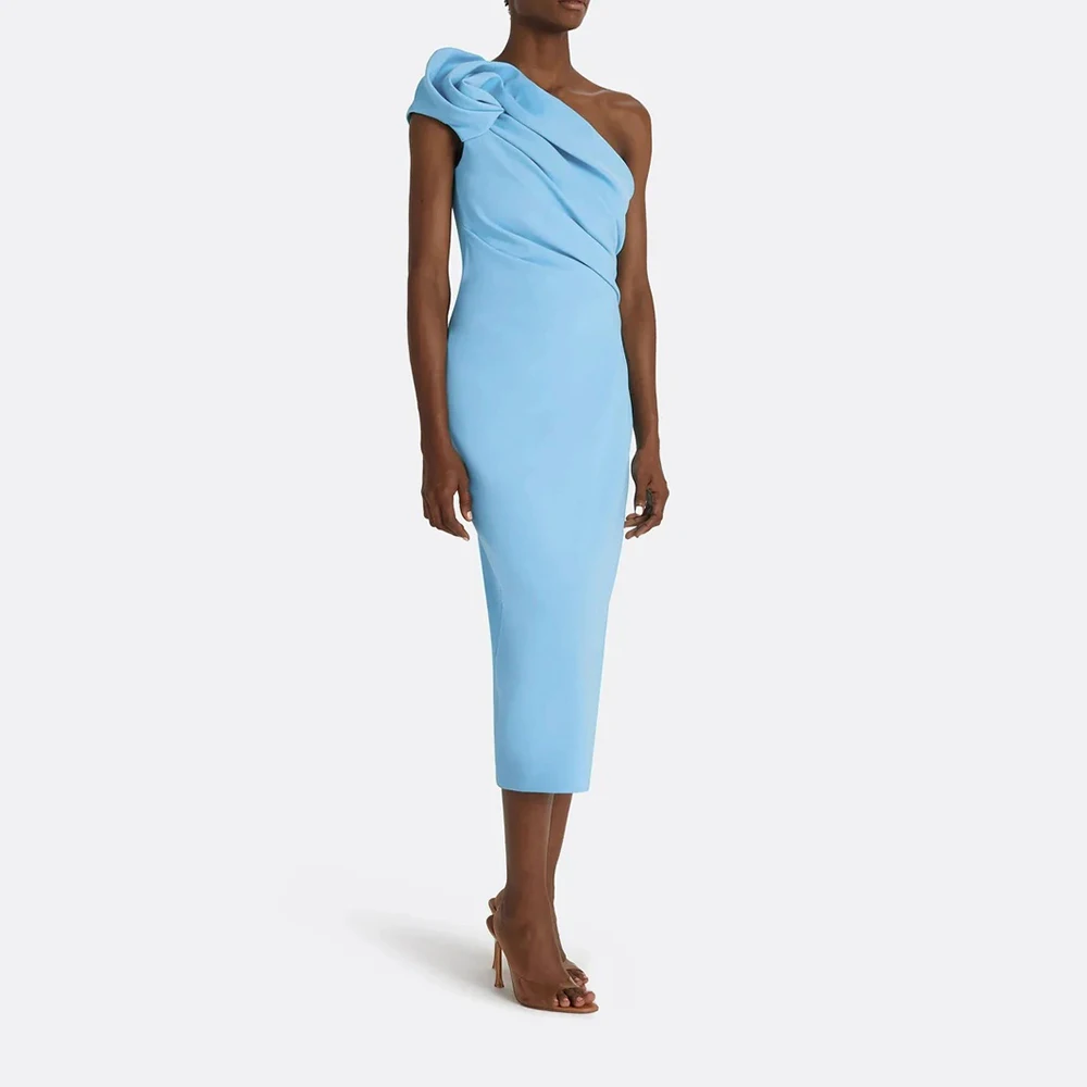 فساتين سهرة أنيقة من Arya باللون الأزرق السماوي من الجيرسيه لمنتصف العجل بكتف واحد للحفلات الراقصة مستقيمة من فيستدوس دي فييستا مخصصة #3