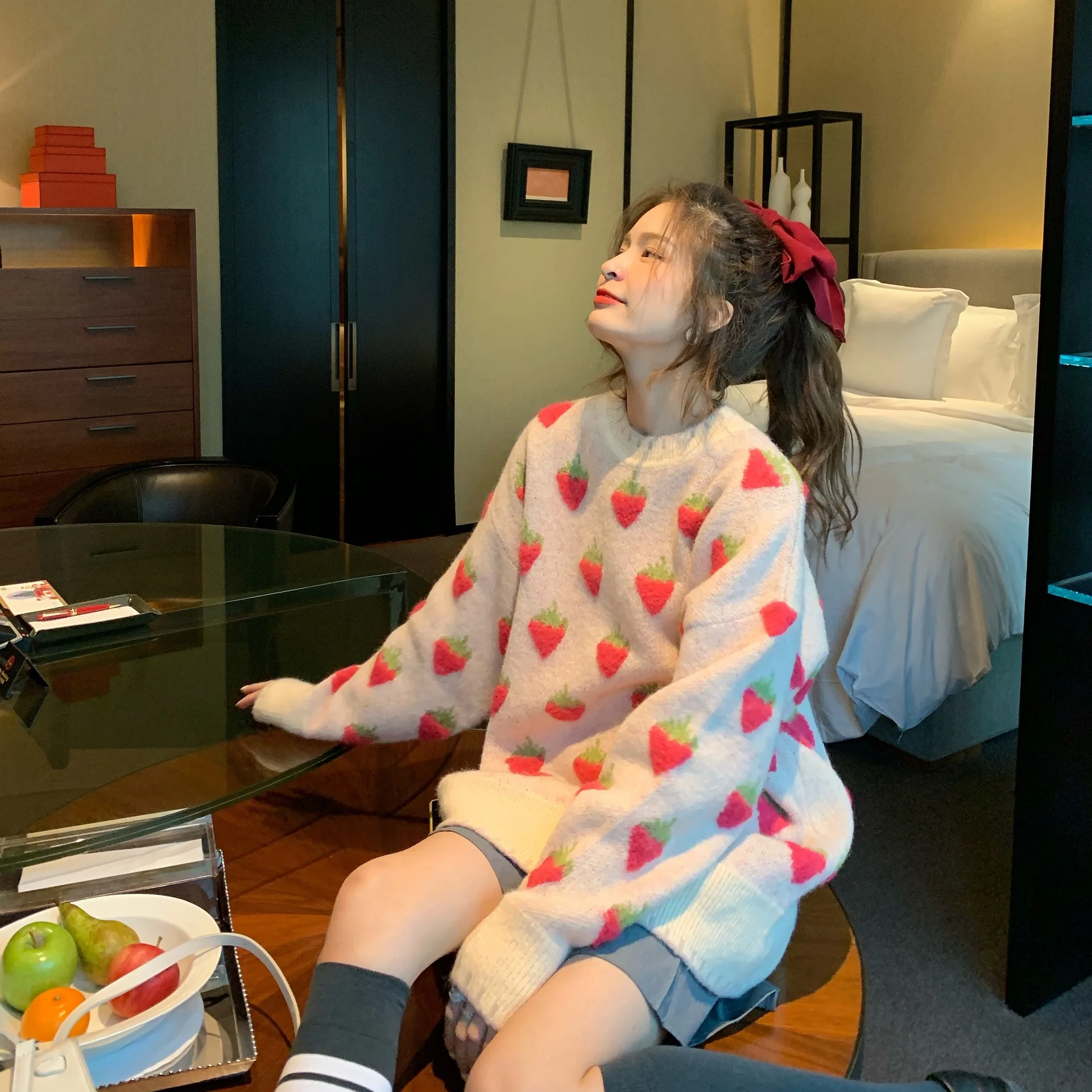 女性のかわいいイチゴのニットセーター、長袖、カジュアルなプルオーバー、カワイイロンジャンパー、韓国スタイル、ピンク、秋、冬、2023