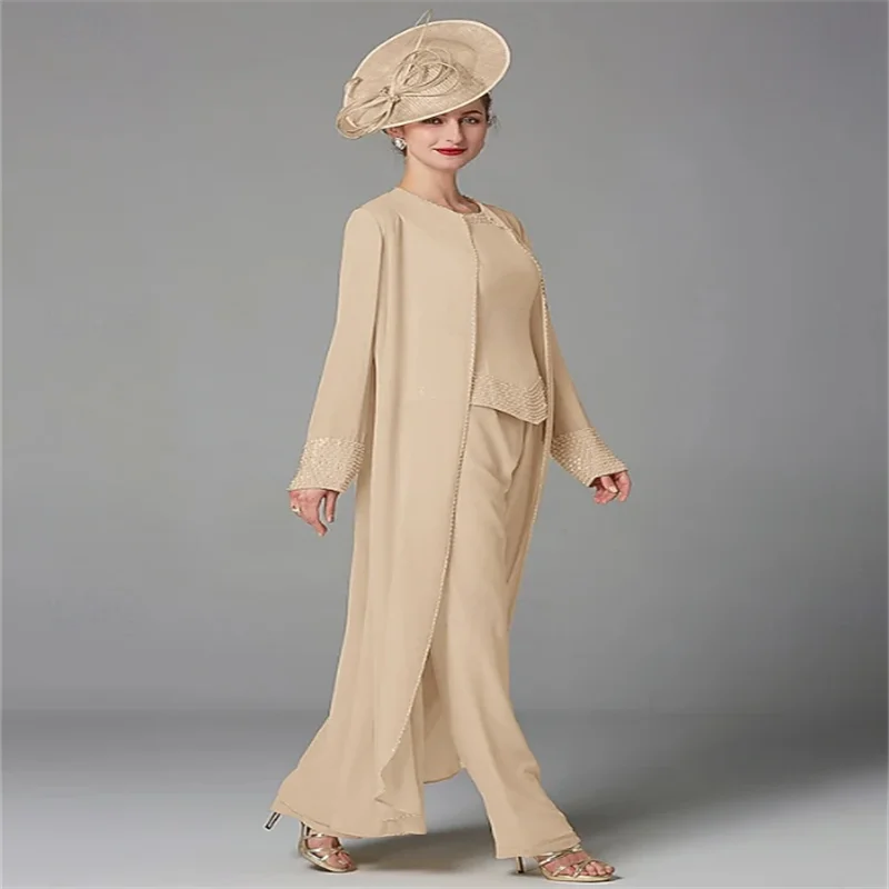 

Beach Wedding Pantsuit 3 Piece Mother of the Bride Formal Wedding Guest Elegant Plus Size Wrap Included Bateau Neck Floor Length