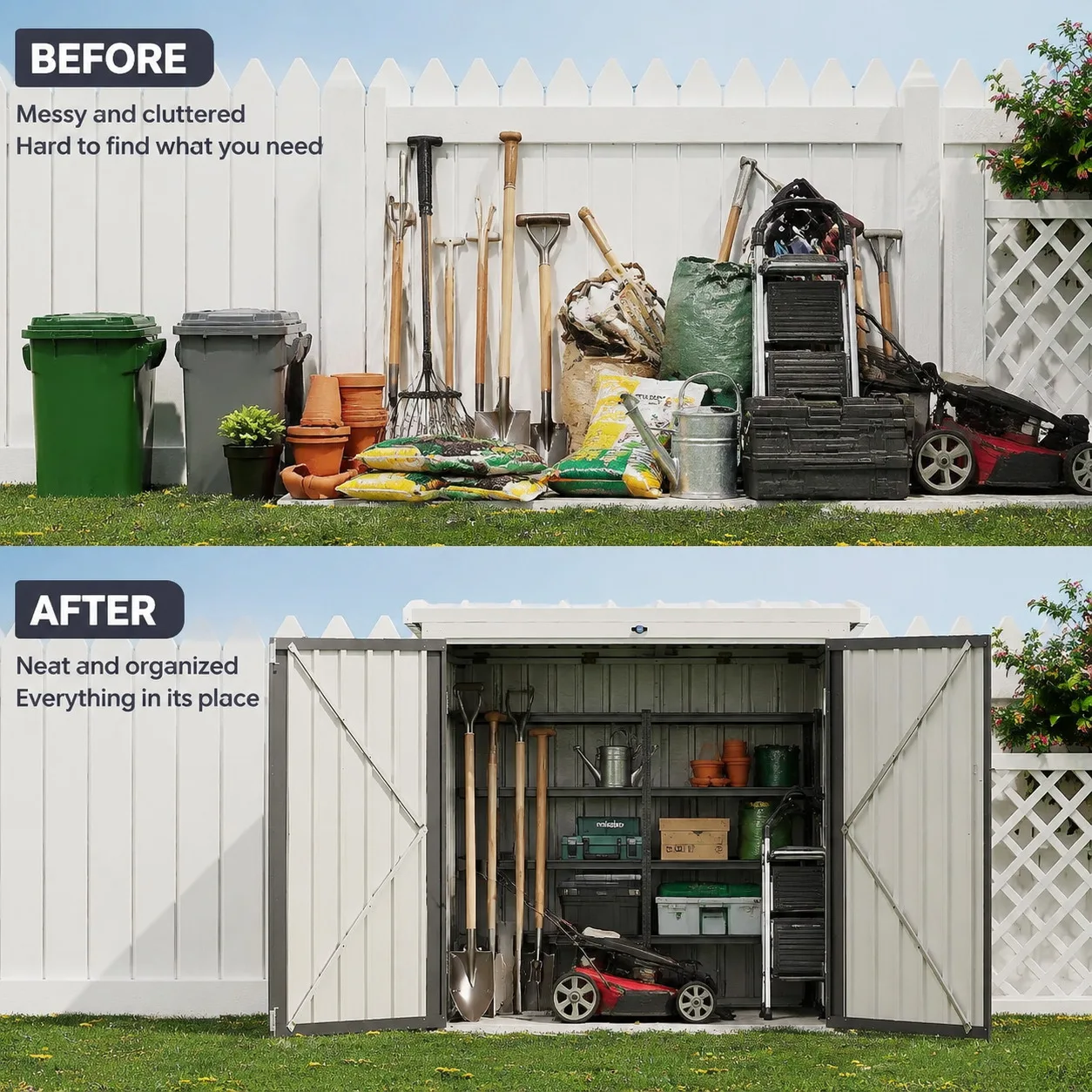 Outdoor Trash Can Storage Shed 5.8 X 3.3 FT Metal Garbage Bin Enclosure with Lock Latch Sloped Roof Weather Resistant Storage Cabinet for Patio Garden Tools Cushions Lawn Equipment