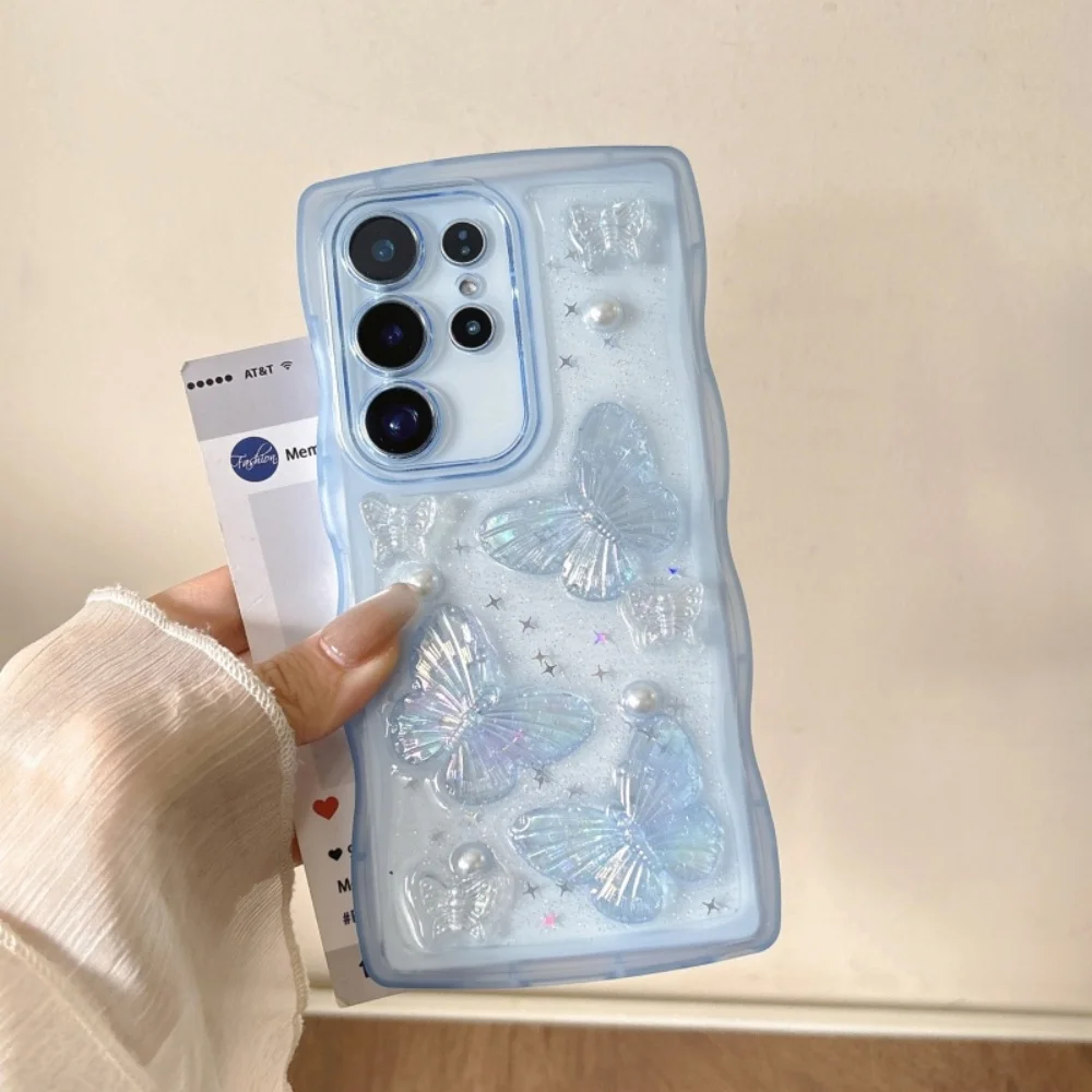 Cute 3D Pearl Butterfly Pendant Case For Samsung Galaxy S25 S24 Ultra S23 S21 FE S22 Plus A15 A13 A14 A35 A33 A24 A55 A56 Cover - náhled 3