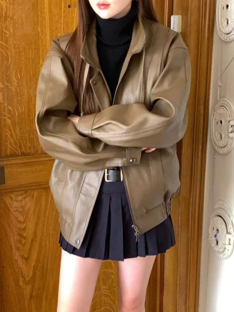 Casual Lose Leder Jaet Frauen Einfache Neutral Strickjacke Mantel Herbst Winter Faion Chic Pendeln Reine E-commerce S