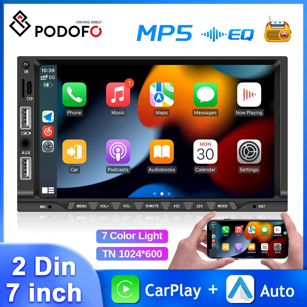 

Podofo 2Din 7" Car Radio LCD Touch Screen MP5 Multimedia Player Support Wireless Carplay Android Auto Rearview Cam Audio Stereo