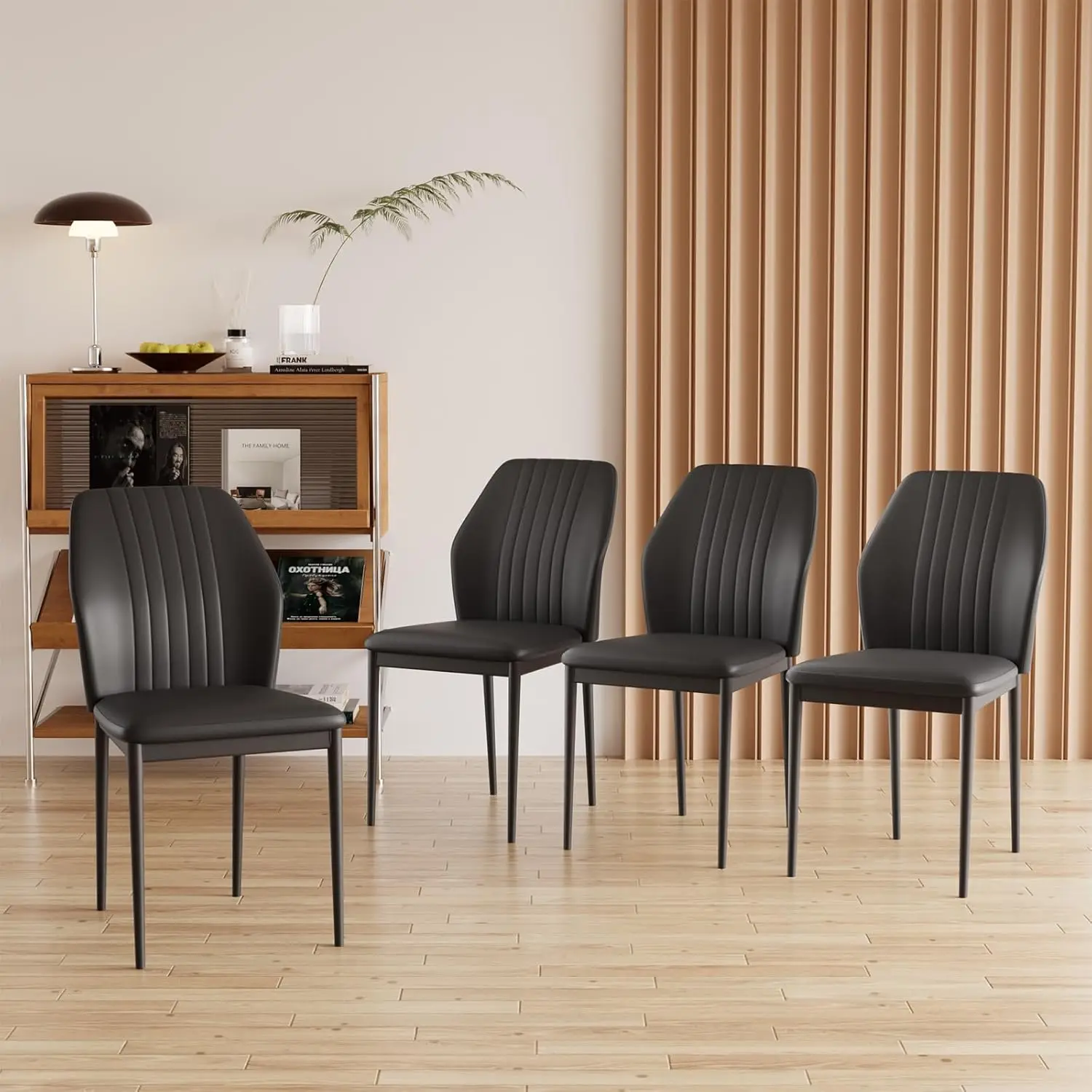 NEW Dining Chair PU Leather Living Room Chair Modern Kitchen Armless Side Chair with Metal Legs (Black, Set of 4)