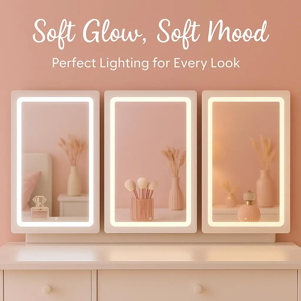 متجر Tiktok الأكثر مبيعًا، زينة بيضاء مع مرآة وإضاءة، مرآة مكياج منزلقة، ضوء LED مع 3 أوضاع ألوان، مقعد متضمن