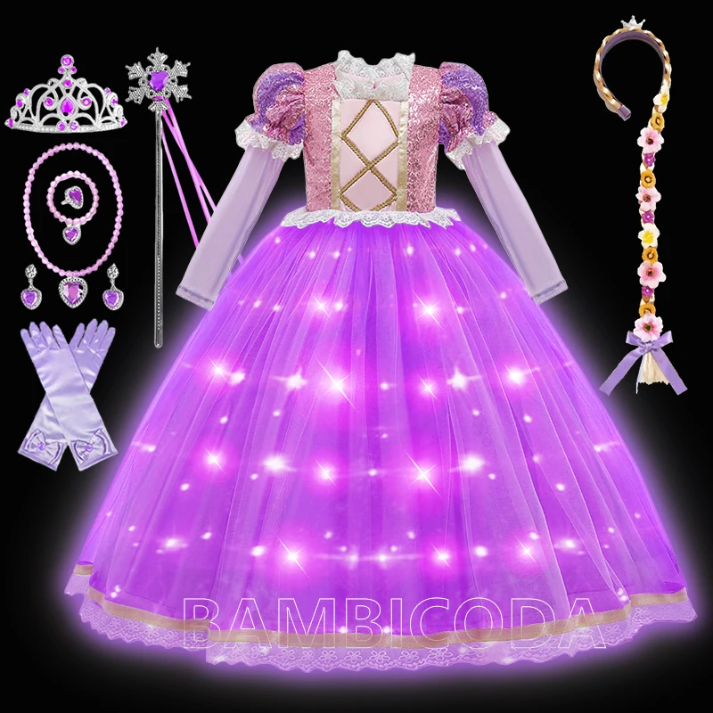 Girl Rapunzel Princess Dress Kids Halloween Cosplay Tangled LED Light Costume Birthday Party Gifts Purple Sequins Mesh Clothing