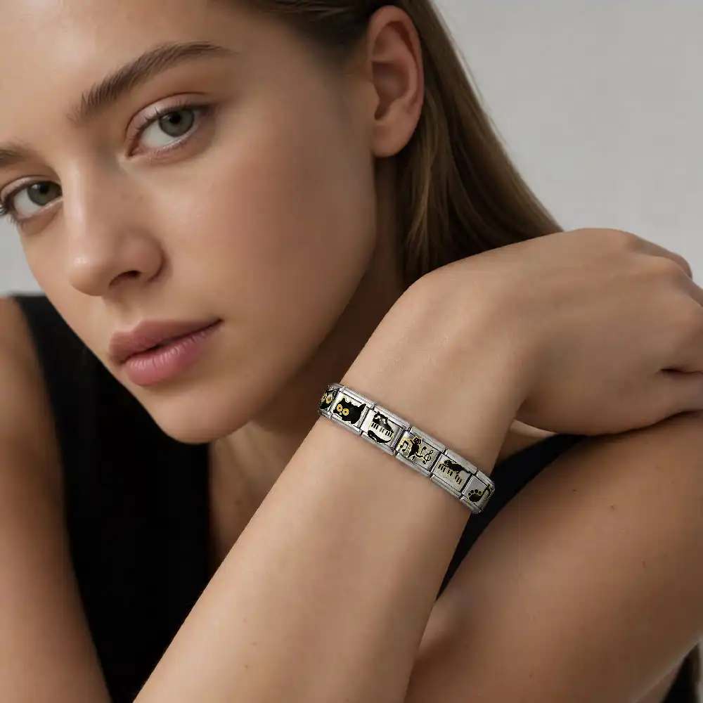 GEMOSA Armband mit Klaviermuster, Musik- und Katzenmotiv, für Damen und Herren, aus Edelstahl, italienische Charms, passend für 9-mm-Perlen, zum Selbermachen von Schmuck. – Detail 5