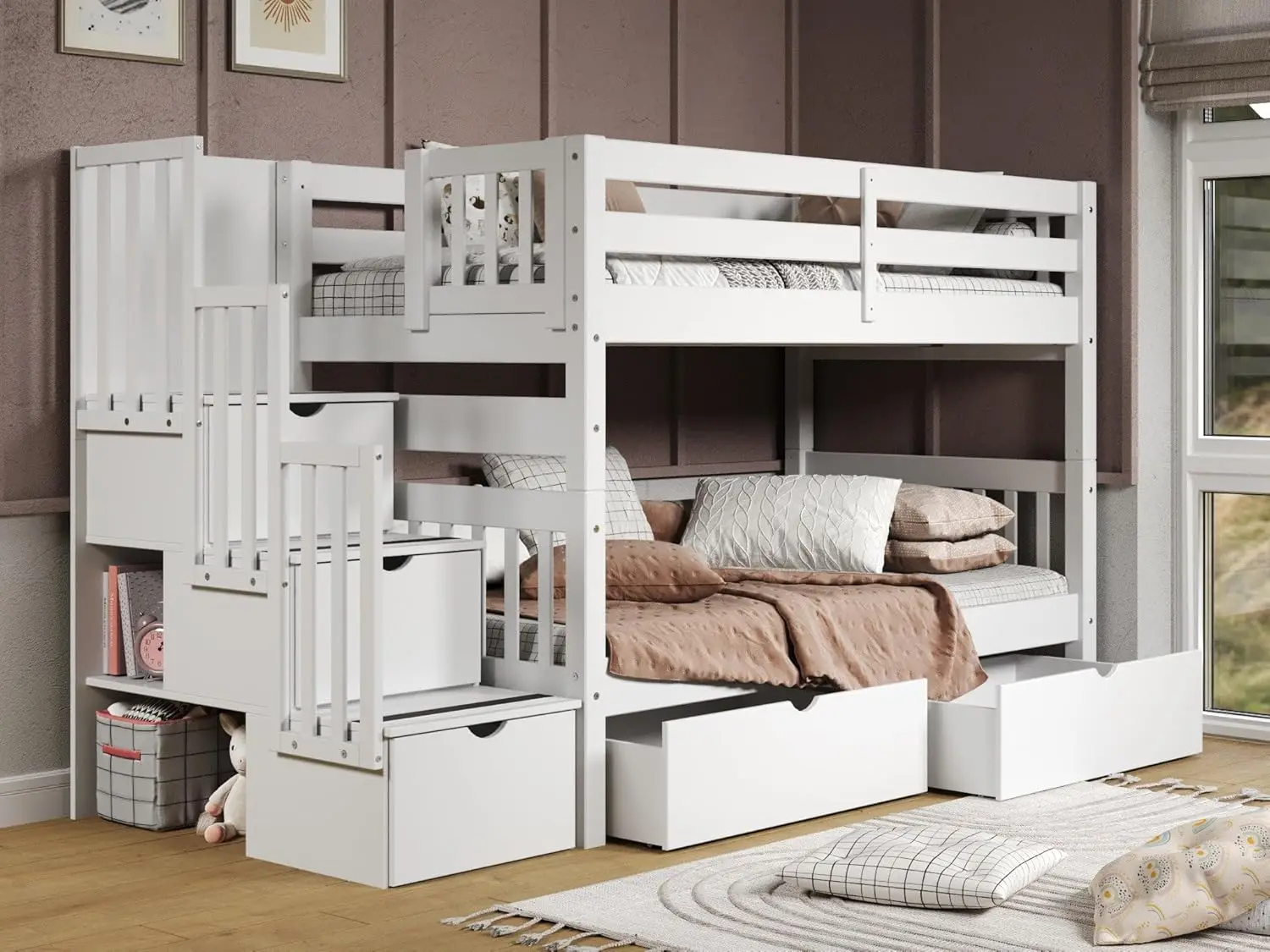 Double bunk room with 3 step drawers and 2 under bed drawers, white bunk bed