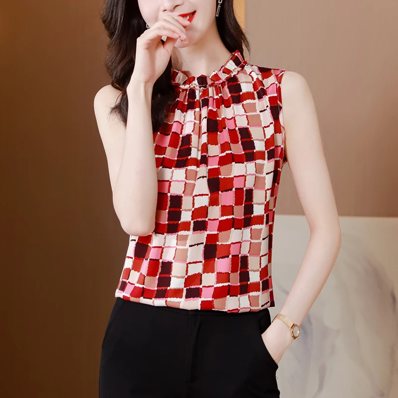 2023 Spring Summer Tops For Women New Fashion Chiffon Blouse Casual Sleeveless Floral Printed Shirt