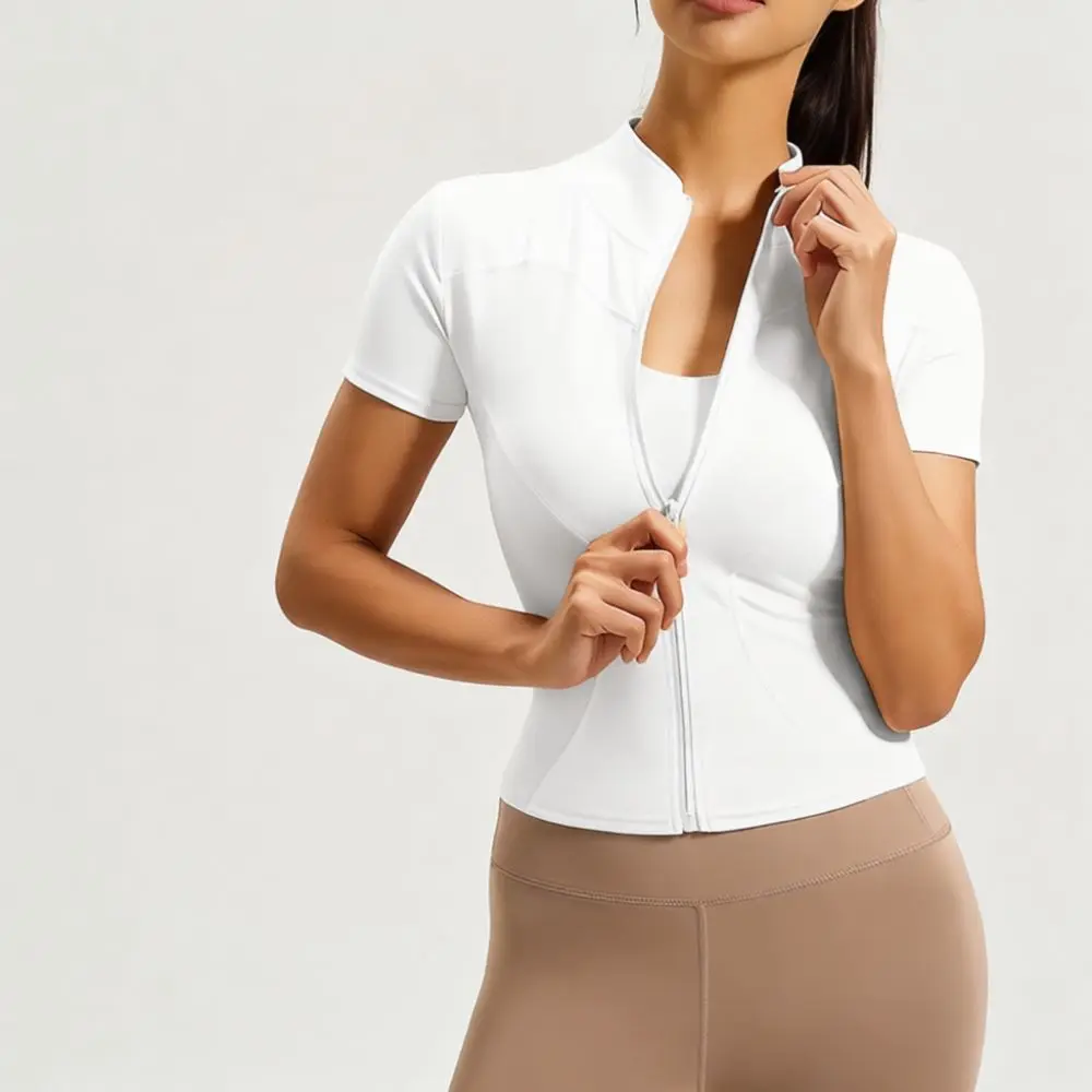 Short Sleeve Yoga Top Women Stand Collar Slim Fit Gym Apparel Quick Dry Breathable Fitness Running Sportswear Elastic Tee