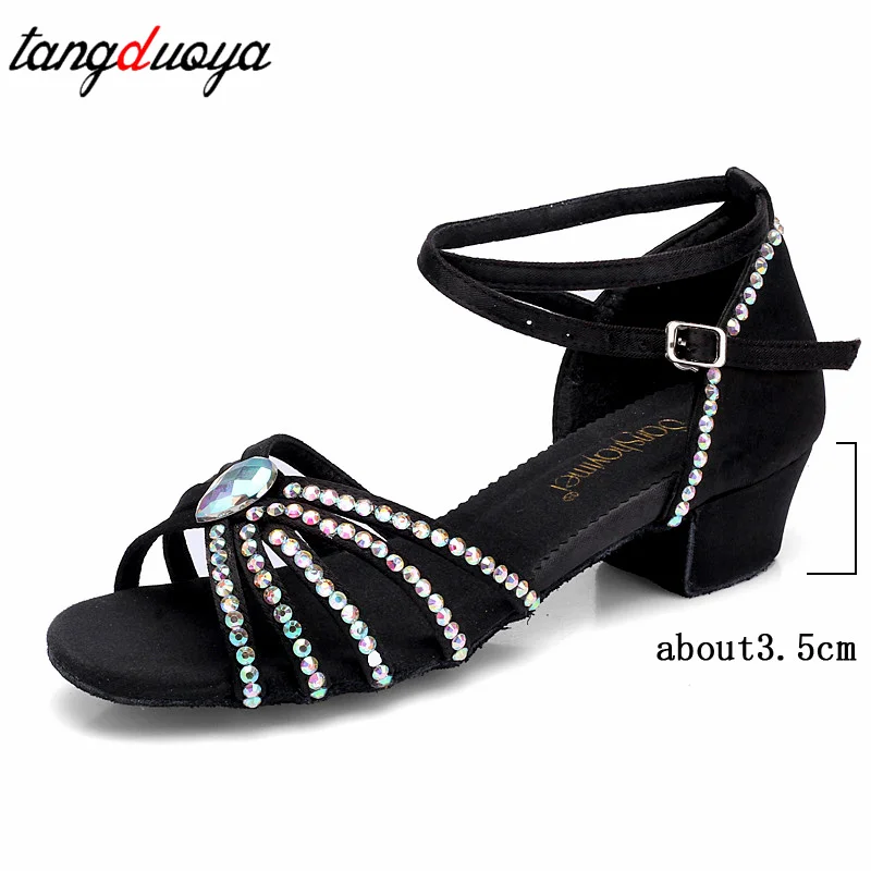 Zapatos de baile latino con diamantes de imitación, tacones cuadrados de satén marrón y negro, zapatos de baile de salón para fiesta, zapatos de baile para niños de tacón bajo de 3,5 cm