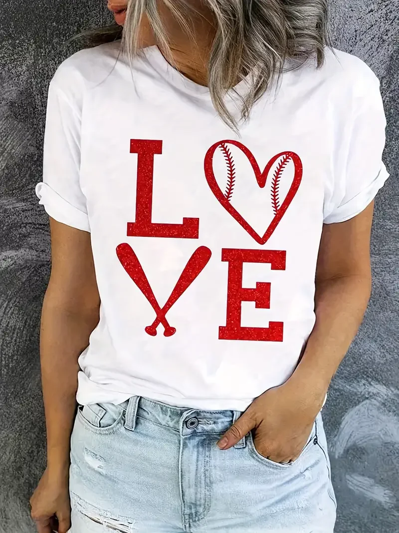 2024 New Love Heart T-shirt Baseball Love T-shirt Valentine\'s Day Shirt Valentine\'s Day Gift Fashion Summer Women\'s Shirt