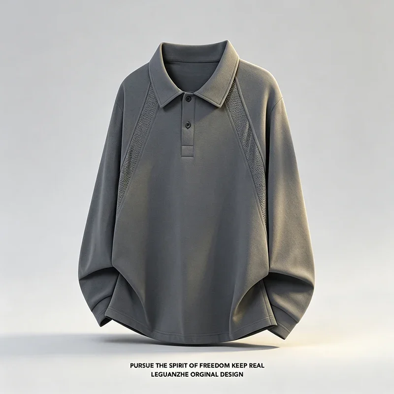 Mens Spliced Mesh Polo Shirt Lapel Collar Long Sleeve Relaxed Raglan Design Button Closure Casual Pullover For Outing