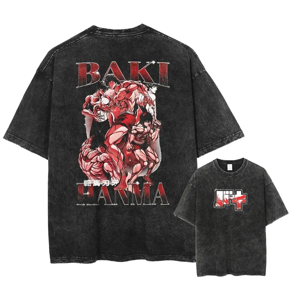 Harajuku Anime Baki Hanma The Grappler T Shirt Ogre Mode Yujiro Gym Clohing Trendy Washed Cotton Tshirt Men Women Bape T-shirts