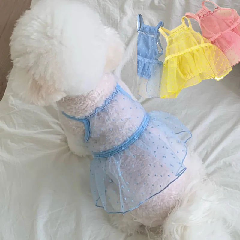 

Mesh Tulle Dress Thin Dog Clothes Summer Blue Pink Yellow Sling Vest Skirt Girls Hoodie Clothing Dresses For Small Dogs Chiwawa