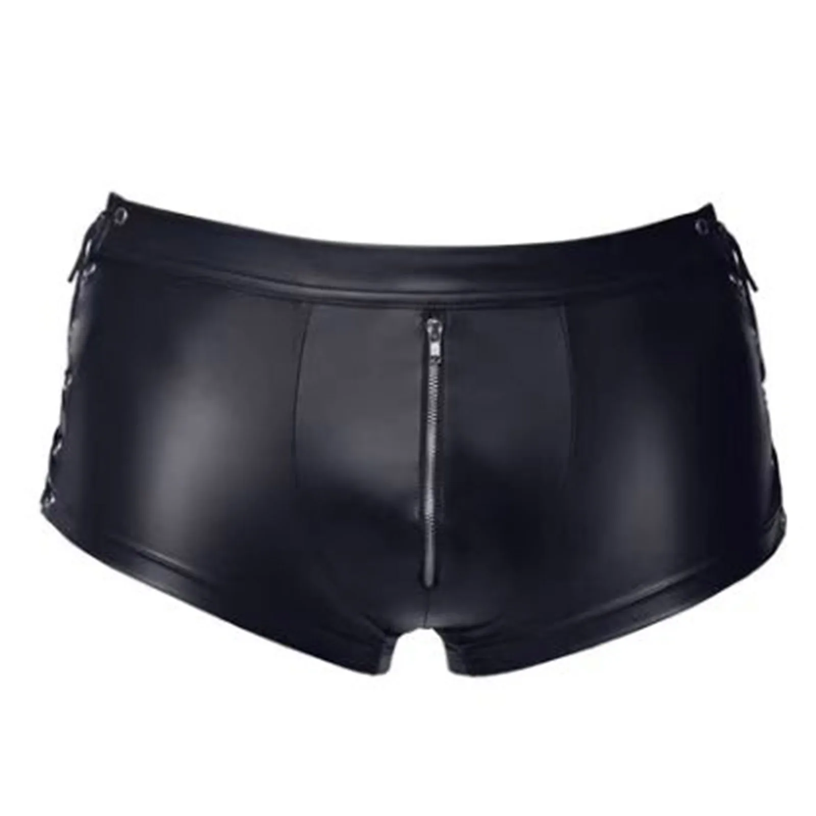 Mens Shorts Briefs Wetlook Faux Leather Hot Pants Fashion Hollow Out Lace-up Nightclub Pole Dancing Stage Performance Costume