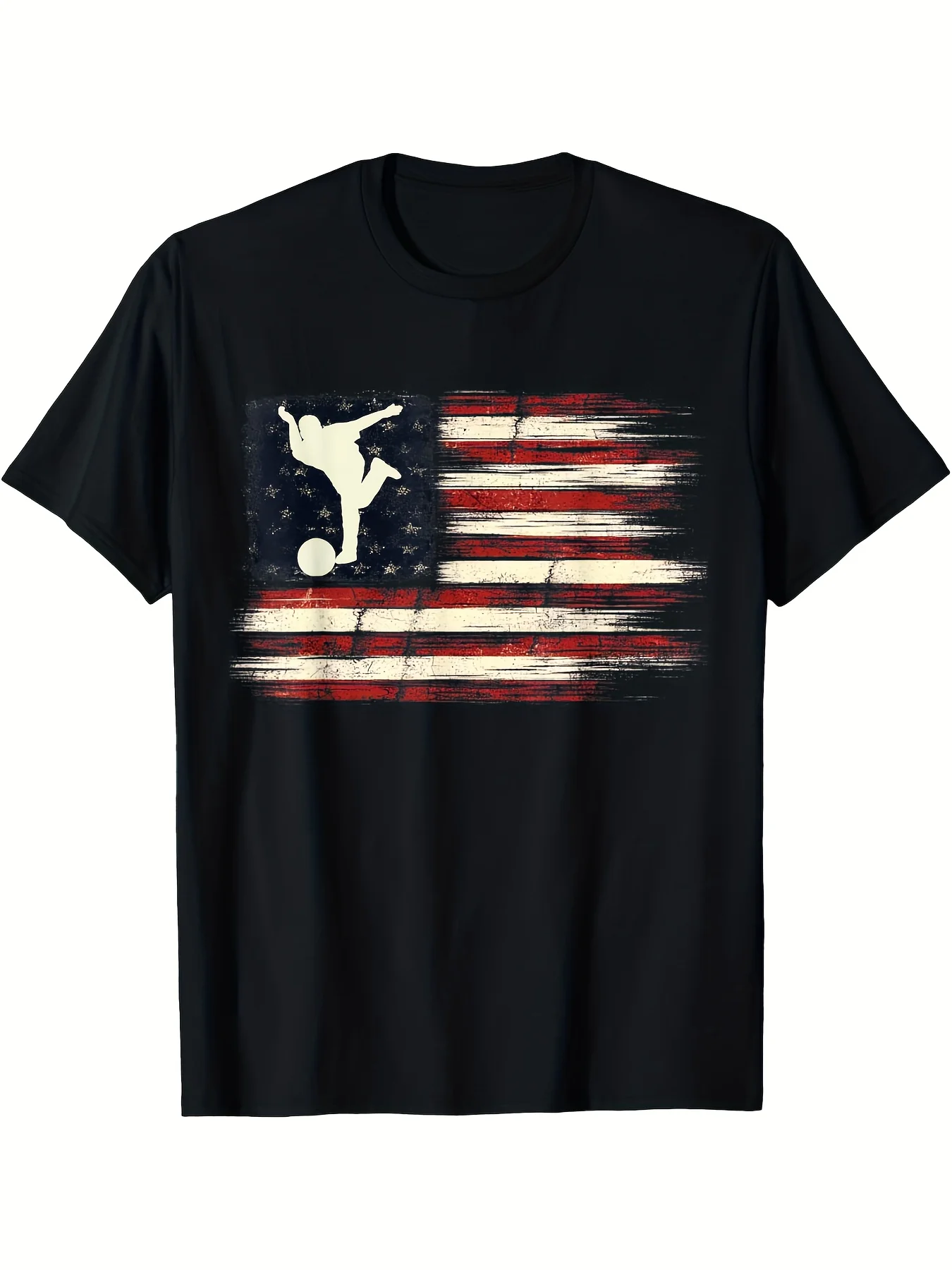 Distressed Flag Patriotic Gift for Bowlers Bowling T-Shirt Black casual short sleeve Men's sport T-shirt 220g, seasonal casual and trendy men, round neck high street pure cotton short
