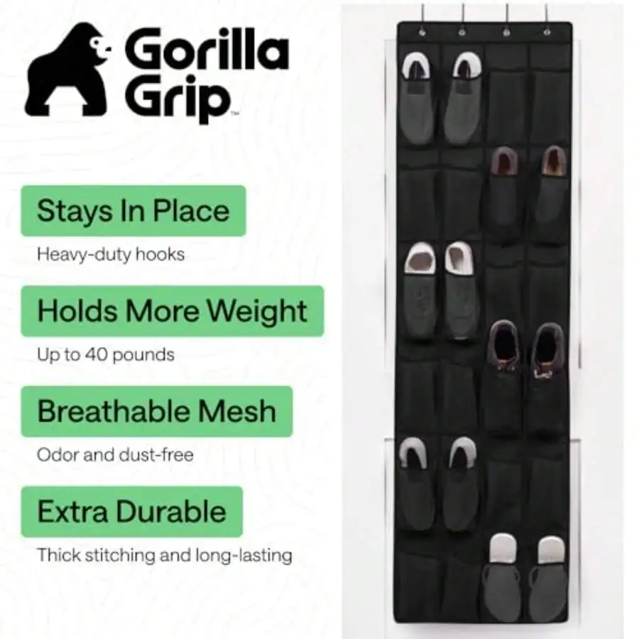 Over The Door Shoe Organizer, 24 Large Breathable Mesh Pockets, Space Saving Hanging Storage Holder, Closet Rack Hanger Holds Up