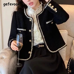 Autumn Winter Women Vintage French Style Luxury Chic Tweed Button Coats Elegant Fashion Black O Neck Long Sleeve Outewear Jacket