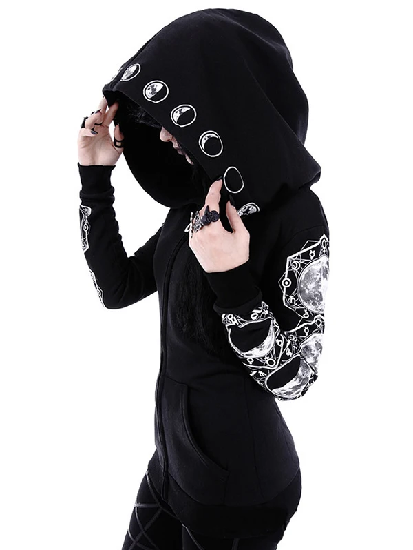 Gothic Moon Printed Pocket Zip Up Hoodie Black Spring Autumn Slim Jacket For Women Slight Stretch Coats