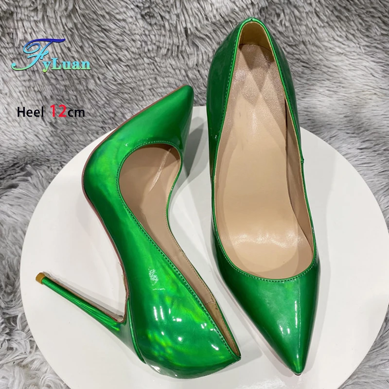 Green Patent Leather Pointed Single Shoes 8CM 10CM 12CM Solid Party Women Pumps 2025 New Stiletto Shiny Model Catwalk High Heels