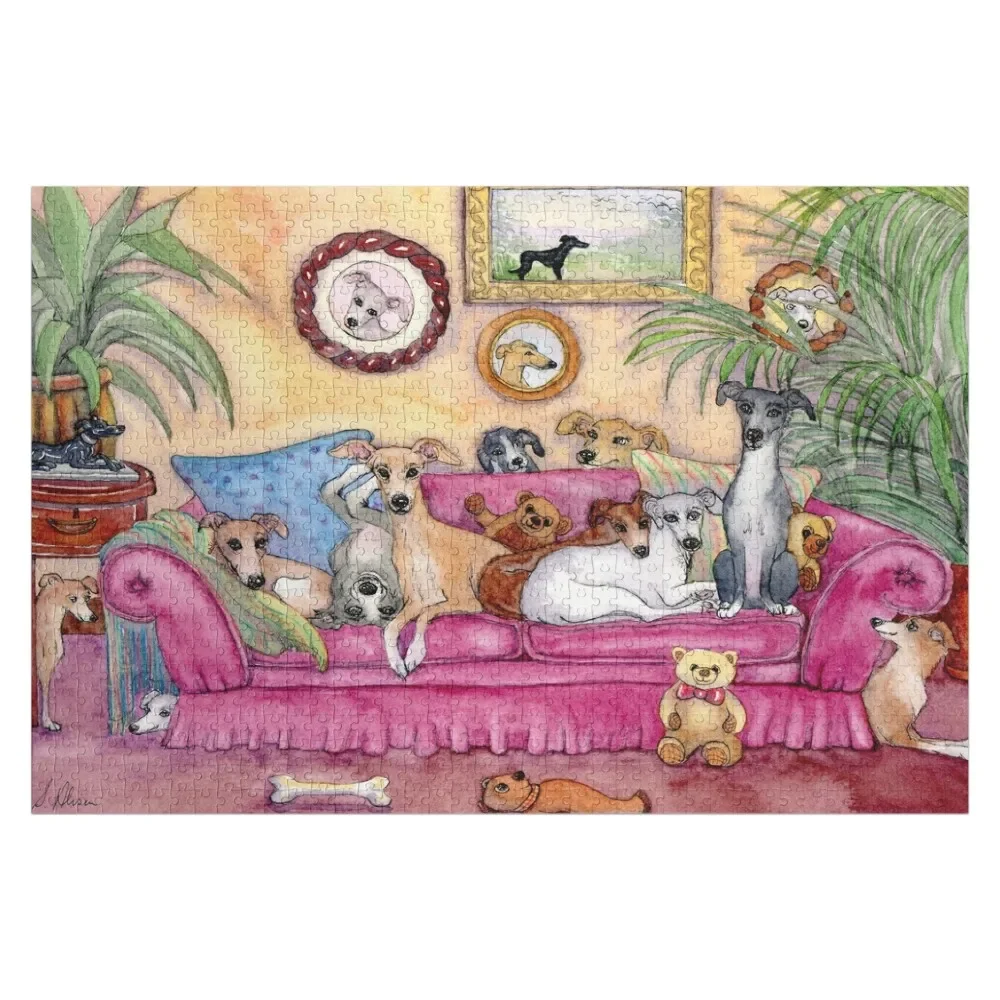 

Greyhound and whippet dogs claim the sofa as their own Jigsaw Puzzle Personalized Gift Jigsaw Pieces Adults Puzzle