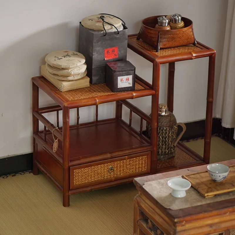 Qing-style Nanzhu handmade tea set storage cabinet, multi-layer drawer rack, classical furniture small tea cabinet