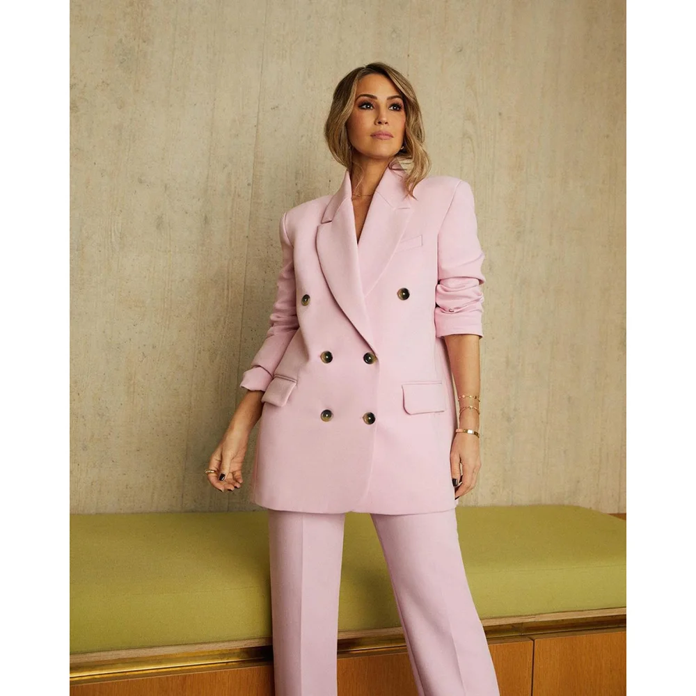 Pink Double Breasted Formal Women Suits Regular Length Formal Outfits Set Business Office Work Full Set 2 Piece Jacket Pants