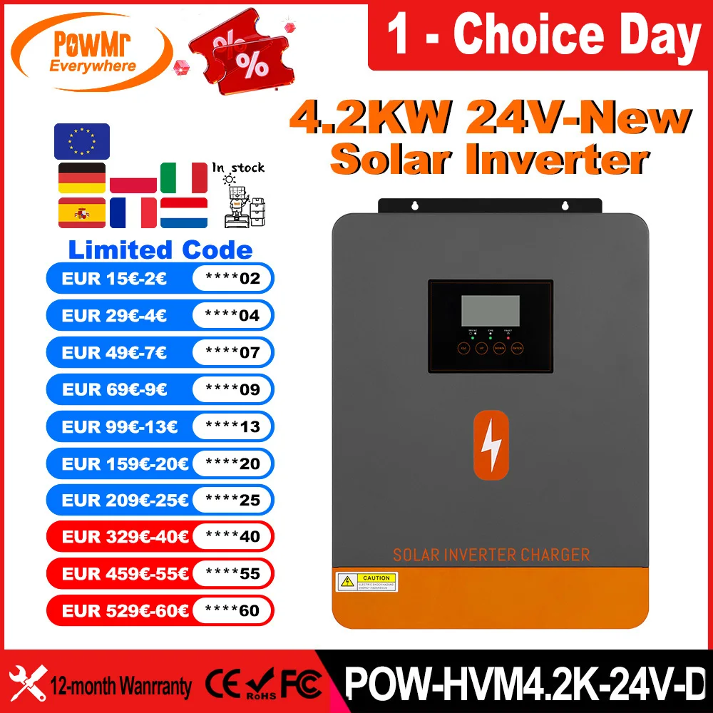PowMr aveva 4.2KW 24V MPPT inverter solari ibridi uscita 220Vac con controller fotovoltaico di carica solare 100A ingresso 55 ~ 450VDC supporto WIFI