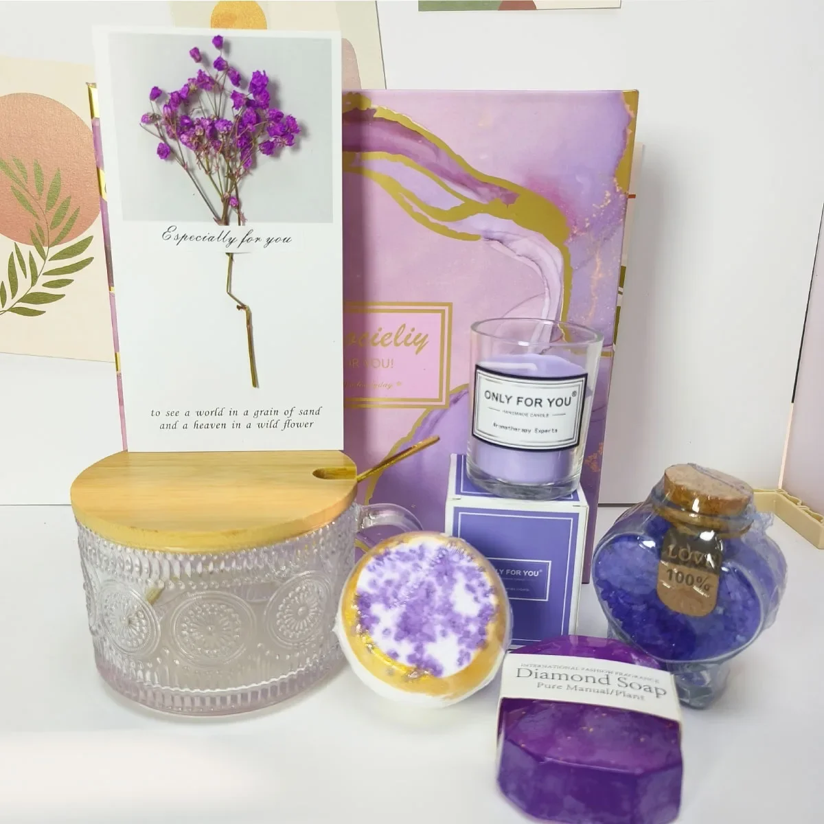 

Birthday Gifts for Women,Mother's Day,Basket for GF Mom Sis Female Party Luxurious Present with Glass Spa Soap, Candle,Bath Salt