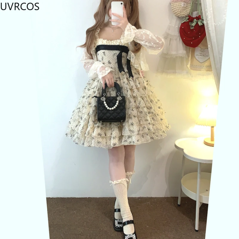 Kawaii Cute Lolita Style Short Cardigan Women Sweet Lace Bow Ruffles Lace-ups Chiffon Coat Korean Fashion Casual Loose Crop Tops