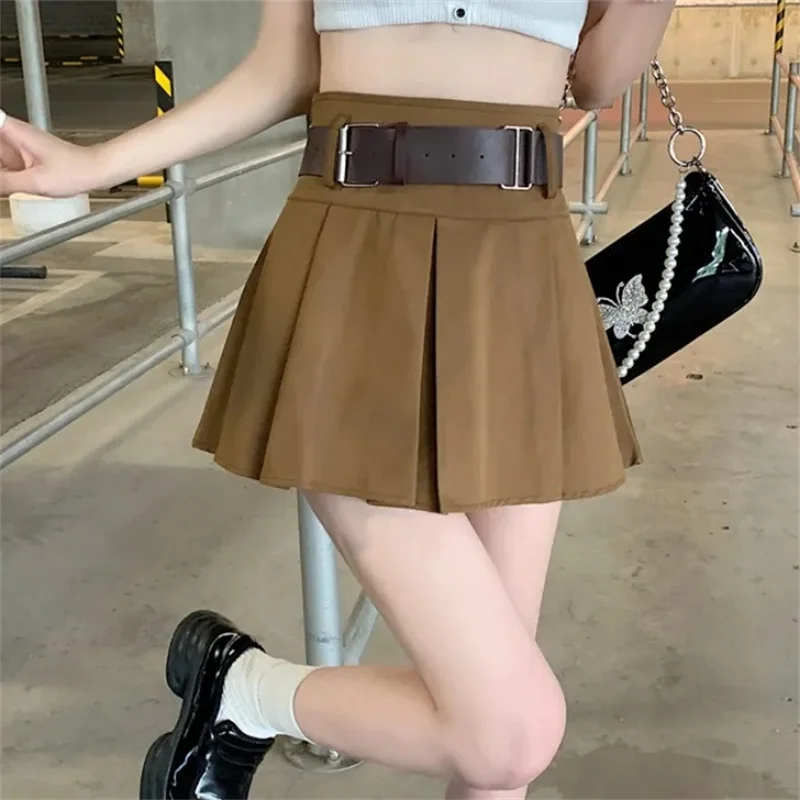 New Pleated Skirt with Belt Women Belted Mini Skirt Teen-girls Aesthetic Preppy Style e-girl Spring Summer Outfit 2025