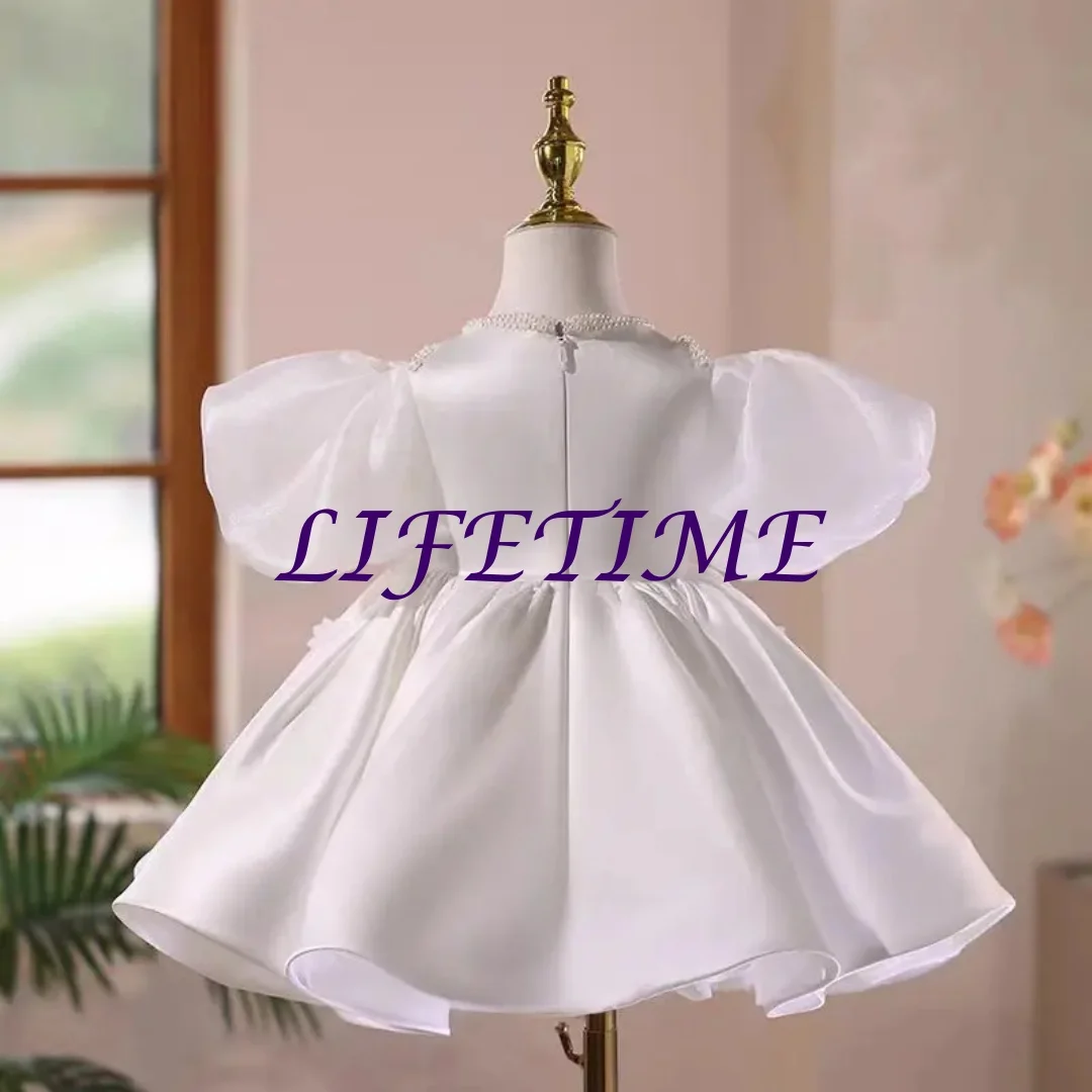 

CustomizedElegant White Flower Girl Dress Pearls Puffy Sleeve for Princess Kids Wedding Birthday Communion Party Ball Gown