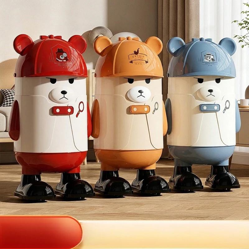 Cartoon Bear Creative Aesthetic Lidded Trash Can Large Capacity Home Use Bedroom Living Room Bathroom No Bending Required